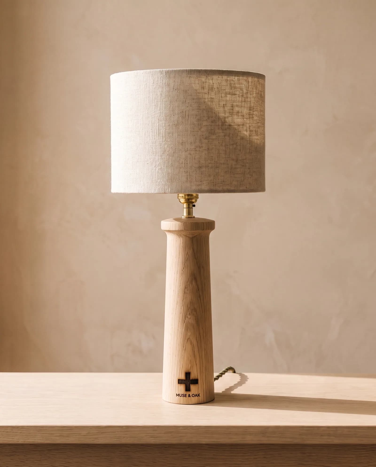 Column Lamp — Turned oak, linen shade.
