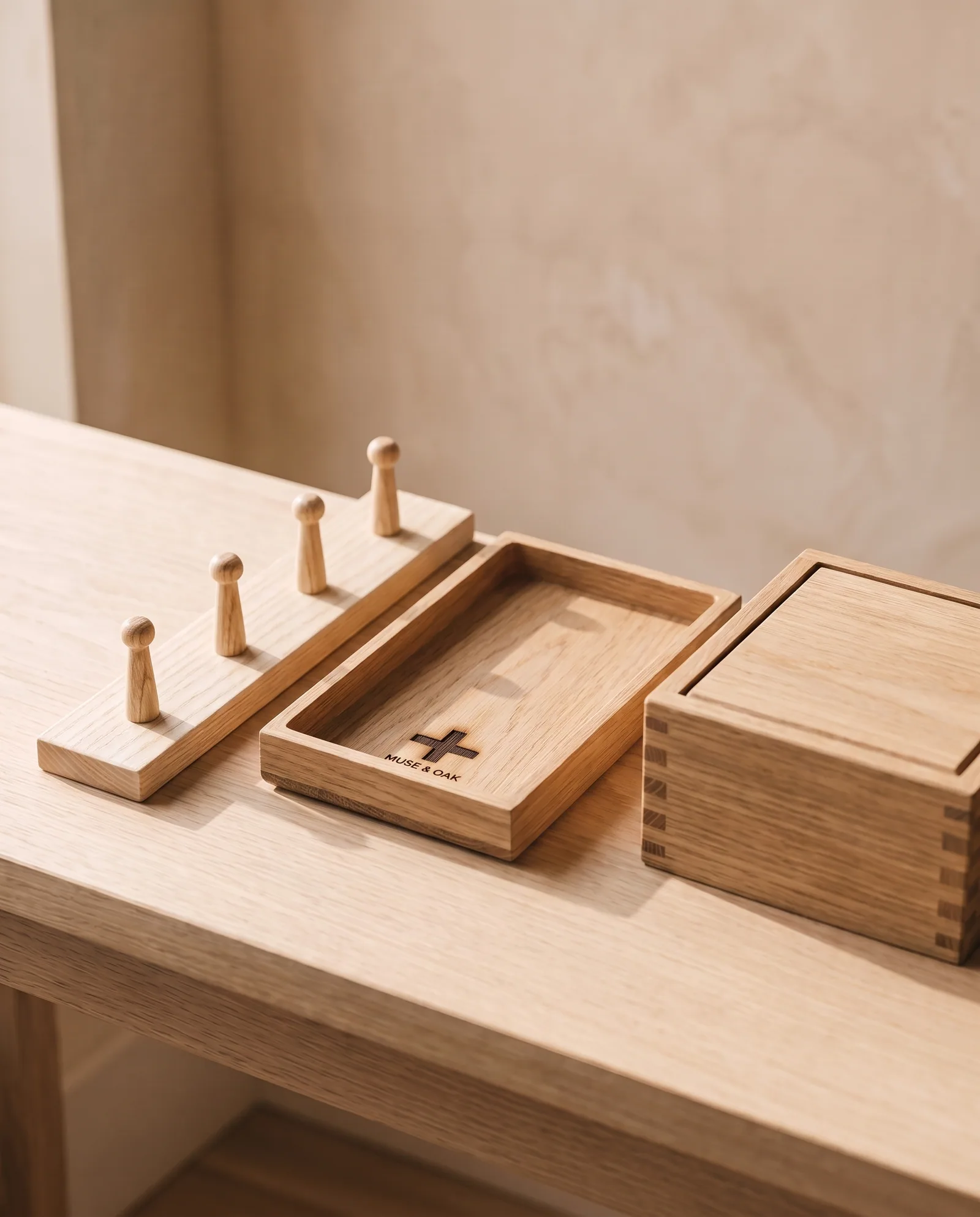 Entry Set — Peg rail, valet tray, lidded box.